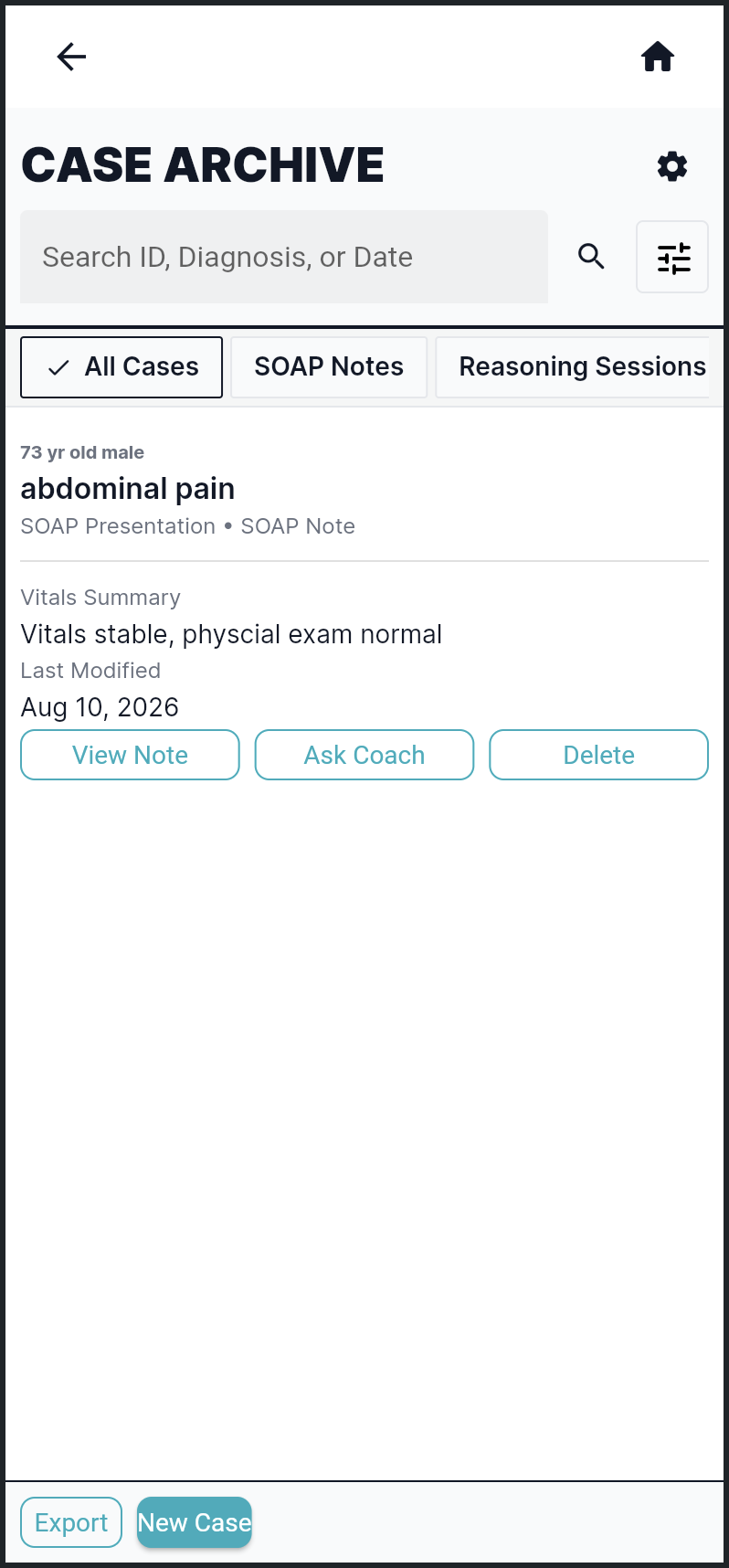 Case Archive screen listing saved SOAP notes and reasoning sessions