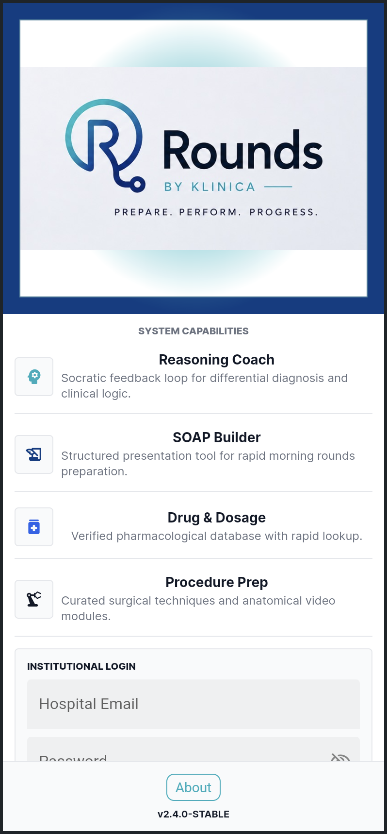 Rounds app home screen showing Reasoning Coach, SOAP Builder, Drug & Dosage, and Procedure Prep tools