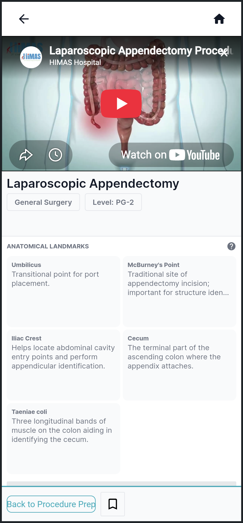 Procedure Prep screen showing laparoscopic appendectomy anatomical landmarks and technique video
